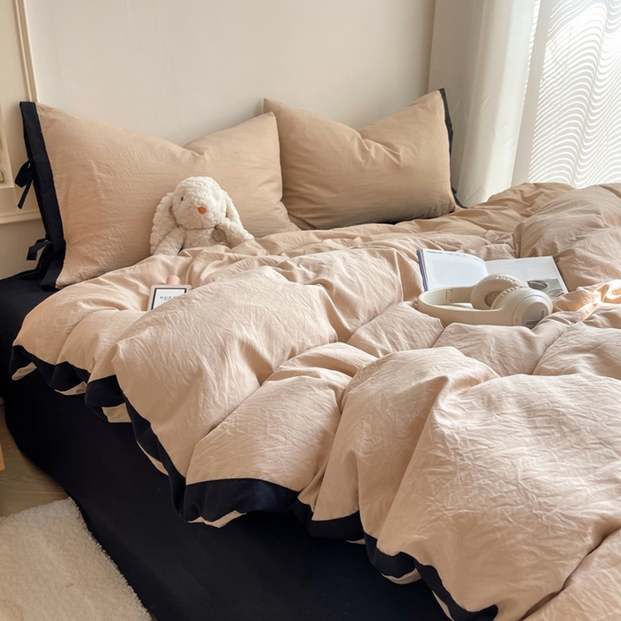 91家纺网 家纺一手货源 找家纺 轻奢坊 2025新款水洗棉纯色撞色包边绑带款四件套 胡桃棕