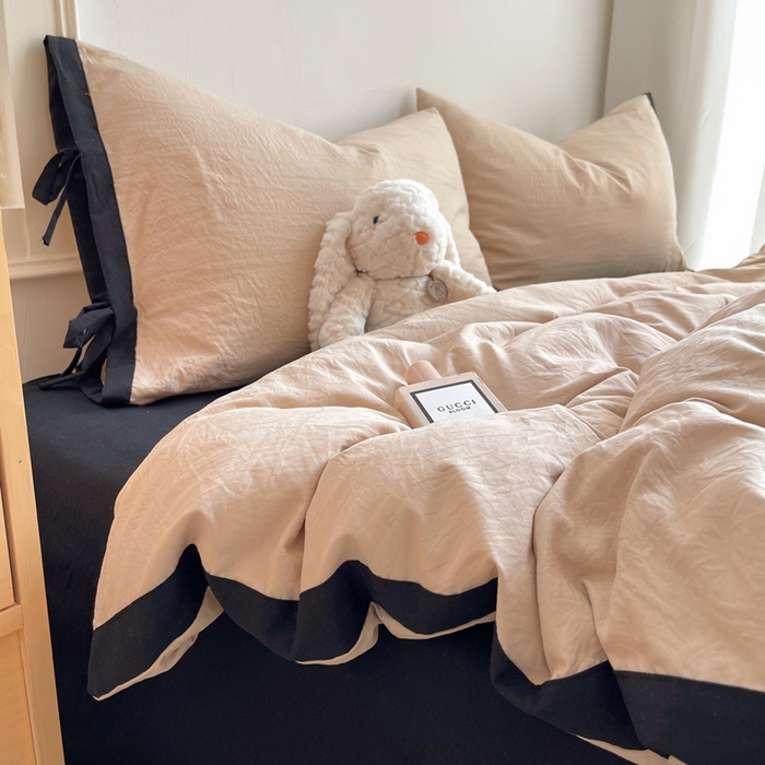 91家纺网 家纺一手货源 找家纺 轻奢坊 2025新款水洗棉纯色撞色包边绑带款四件套 胡桃棕