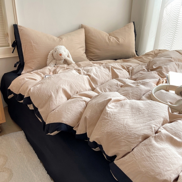 91家纺网 家纺一手货源 找家纺 轻奢坊 2025新款水洗棉纯色撞色包边绑带款四件套 胡桃棕