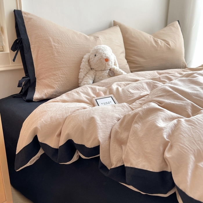 91家纺网 家纺一手货源 找家纺 轻奢坊 2025新款水洗棉纯色撞色包边绑带款四件套 胡桃棕