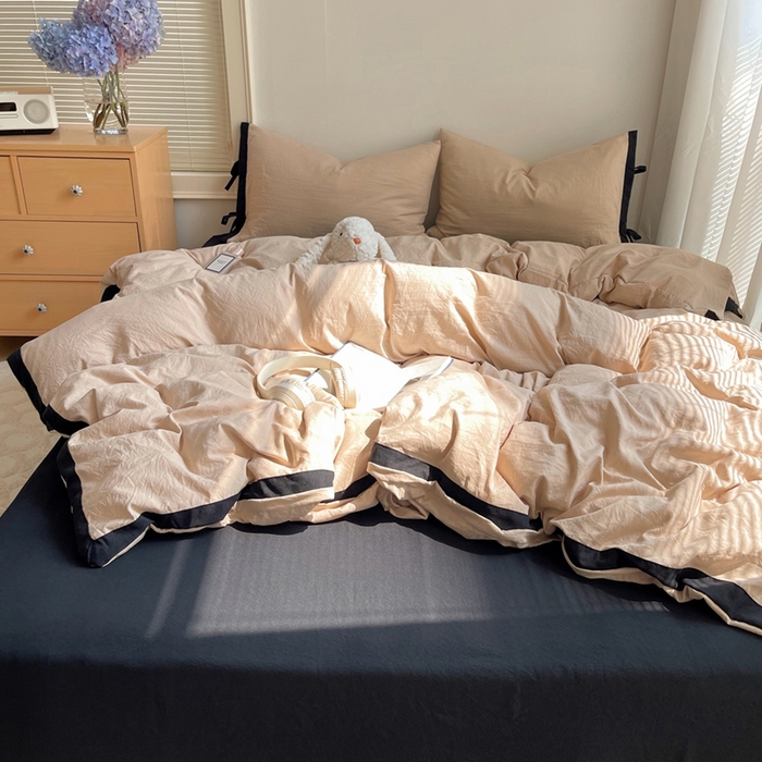 91家纺网 家纺一手货源 找家纺 轻奢坊 2025新款水洗棉纯色撞色包边绑带款四件套 胡桃棕