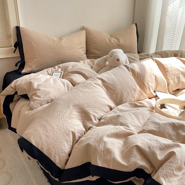 91家纺网 家纺一手货源 找家纺 轻奢坊 2025新款水洗棉纯色撞色包边绑带款四件套 胡桃棕