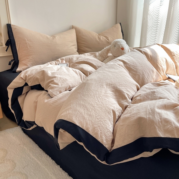 91家纺网 家纺一手货源 找家纺 轻奢坊 2025新款水洗棉纯色撞色包边绑带款四件套 胡桃棕