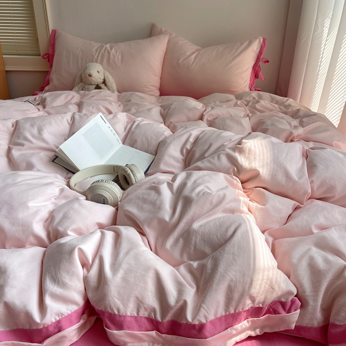 91家纺网 家纺一手货源 找家纺 轻奢坊 2025新款水洗棉纯色撞色包边绑带款四件套 蜜桃粉