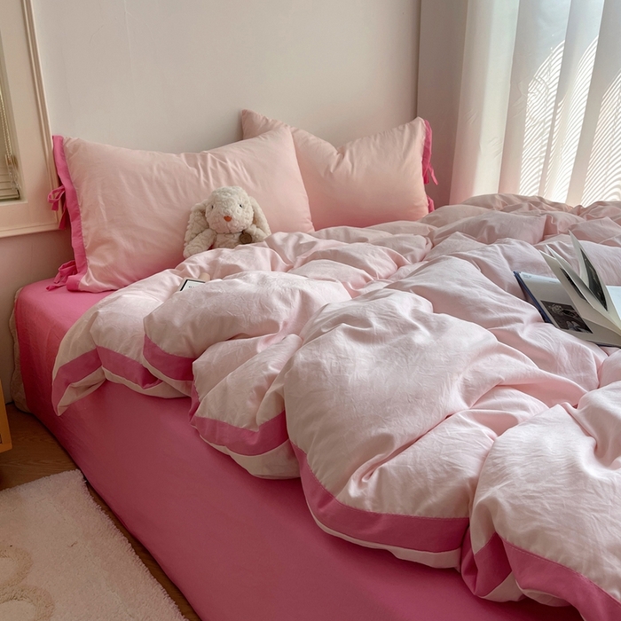 91家纺网 家纺一手货源 找家纺 轻奢坊 2025新款水洗棉纯色撞色包边绑带款四件套 蜜桃粉