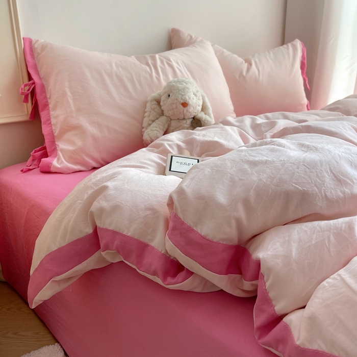 91家纺网 家纺一手货源 找家纺 轻奢坊 2025新款水洗棉纯色撞色包边绑带款四件套 蜜桃粉