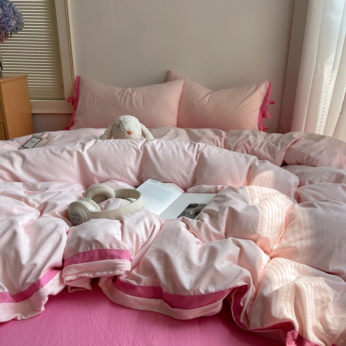 91家纺网 家纺一手货源 找家纺 轻奢坊 2025新款水洗棉纯色撞色包边绑带款四件套 蜜桃粉