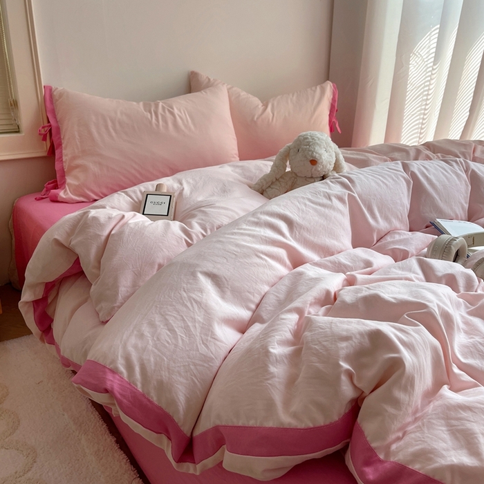 91家纺网 家纺一手货源 找家纺 轻奢坊 2025新款水洗棉纯色撞色包边绑带款四件套 蜜桃粉