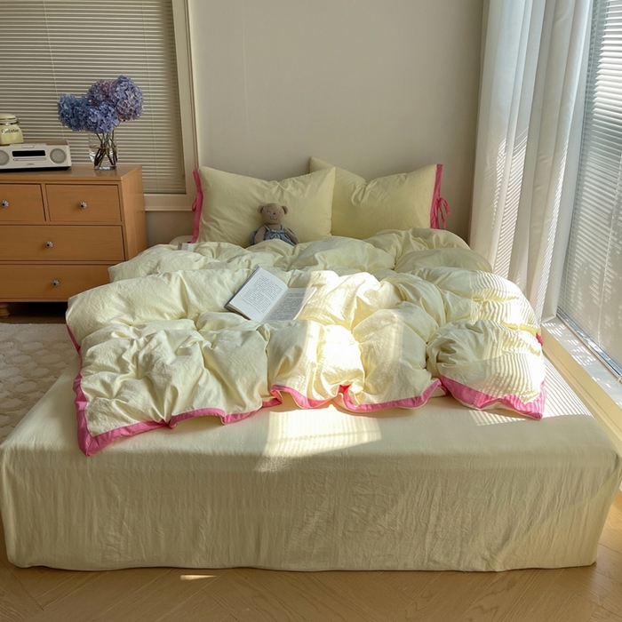 轻奢坊 2025新款水洗棉纯色撞色包边绑带款四件套 奶油黄