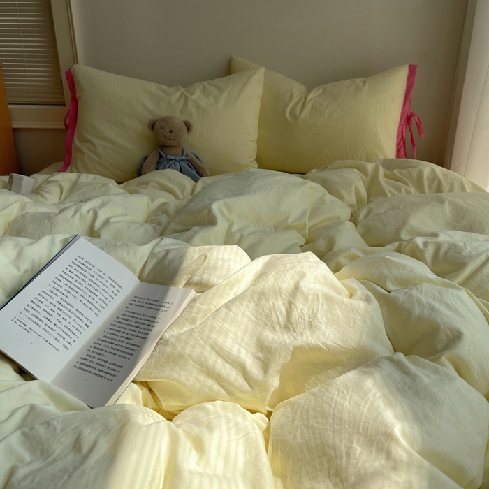 91家纺网 家纺一手货源 找家纺 轻奢坊 2025新款水洗棉纯色撞色包边绑带款四件套 奶油黄