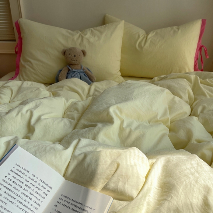 91家纺网 家纺一手货源 找家纺 轻奢坊 2025新款水洗棉纯色撞色包边绑带款四件套 奶油黄