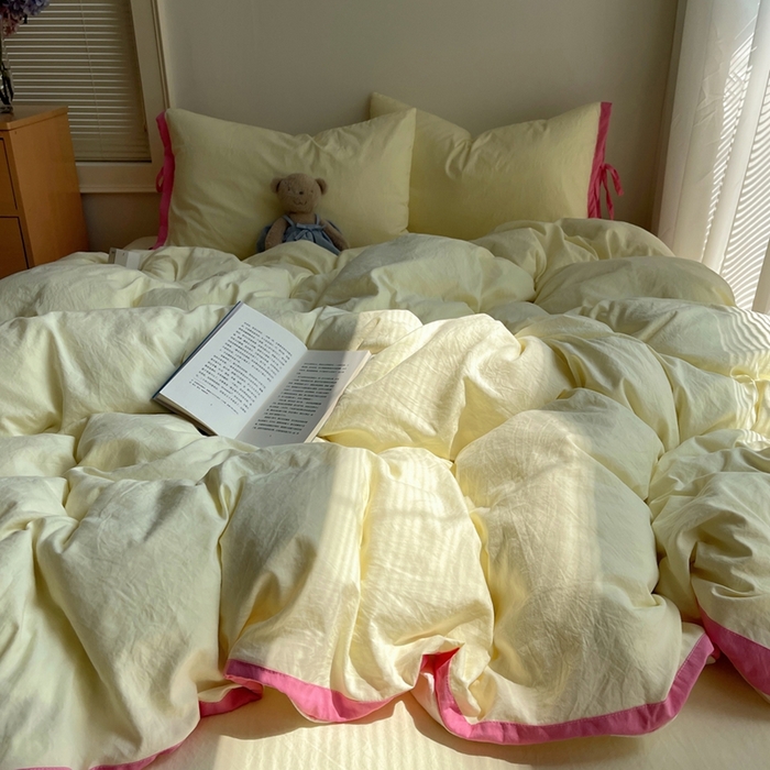 91家纺网 家纺一手货源 找家纺 轻奢坊 2025新款水洗棉纯色撞色包边绑带款四件套 奶油黄