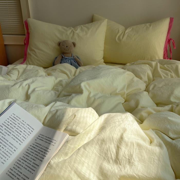 91家纺网 家纺一手货源 找家纺 轻奢坊 2025新款水洗棉纯色撞色包边绑带款四件套 奶油黄