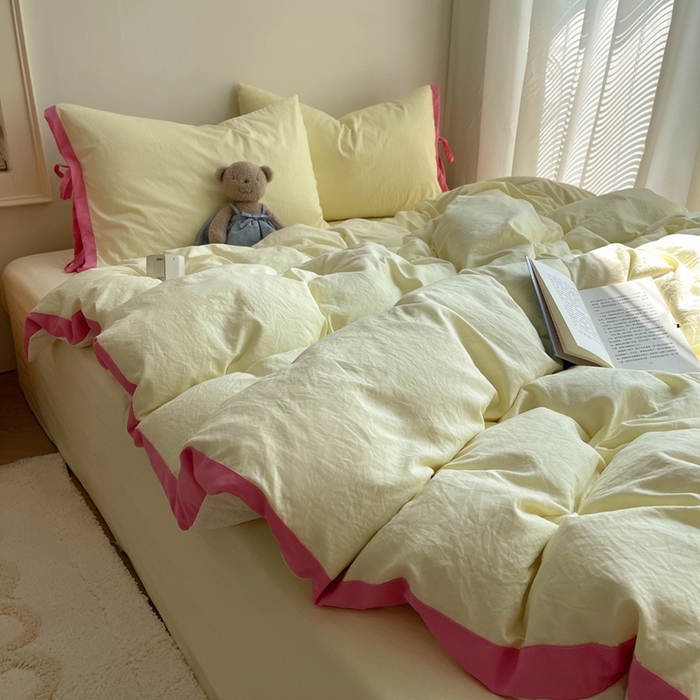 91家纺网 家纺一手货源 找家纺 轻奢坊 2025新款水洗棉纯色撞色包边绑带款四件套 奶油黄