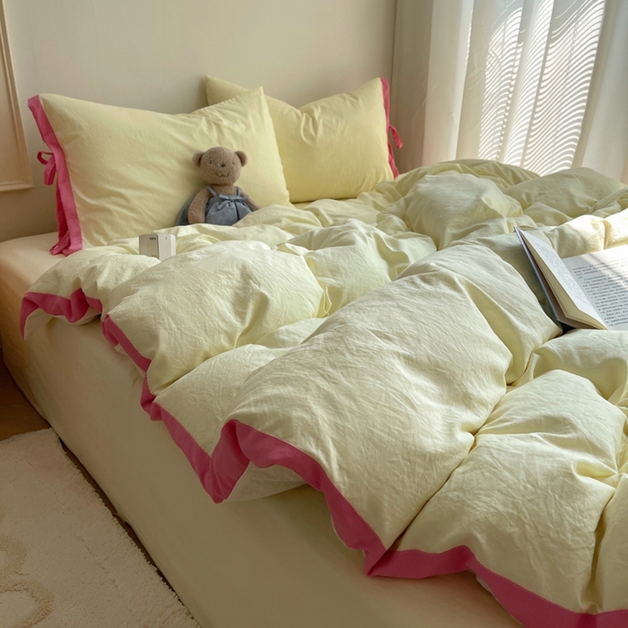 91家纺网 家纺一手货源 找家纺 轻奢坊 2025新款水洗棉纯色撞色包边绑带款四件套 奶油黄