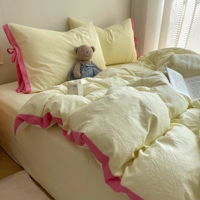 91家纺网 家纺一手货源 找家纺 轻奢坊 2025新款水洗棉纯色撞色包边绑带款四件套 奶油黄