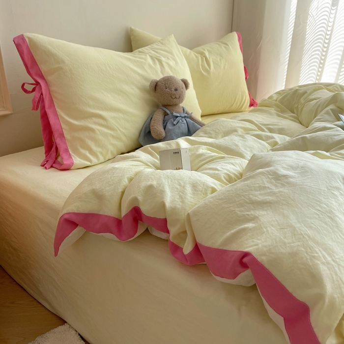 91家纺网 家纺一手货源 找家纺 轻奢坊 2025新款水洗棉纯色撞色包边绑带款四件套 奶油黄