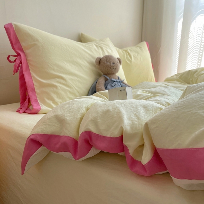 91家纺网 家纺一手货源 找家纺 轻奢坊 2025新款水洗棉纯色撞色包边绑带款四件套 奶油黄