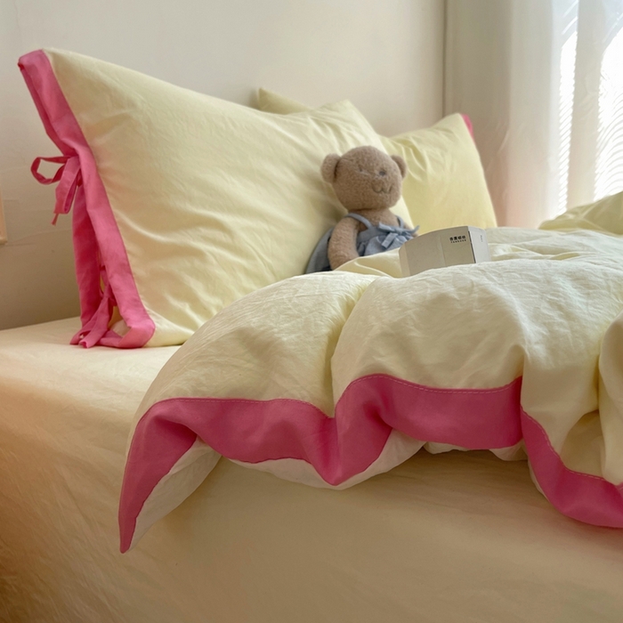 91家纺网 家纺一手货源 找家纺 轻奢坊 2025新款水洗棉纯色撞色包边绑带款四件套 奶油黄