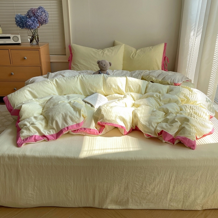 91家纺网 家纺一手货源 找家纺 轻奢坊 2025新款水洗棉纯色撞色包边绑带款四件套 奶油黄