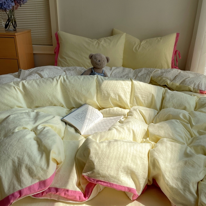 91家纺网 家纺一手货源 找家纺 轻奢坊 2025新款水洗棉纯色撞色包边绑带款四件套 奶油黄