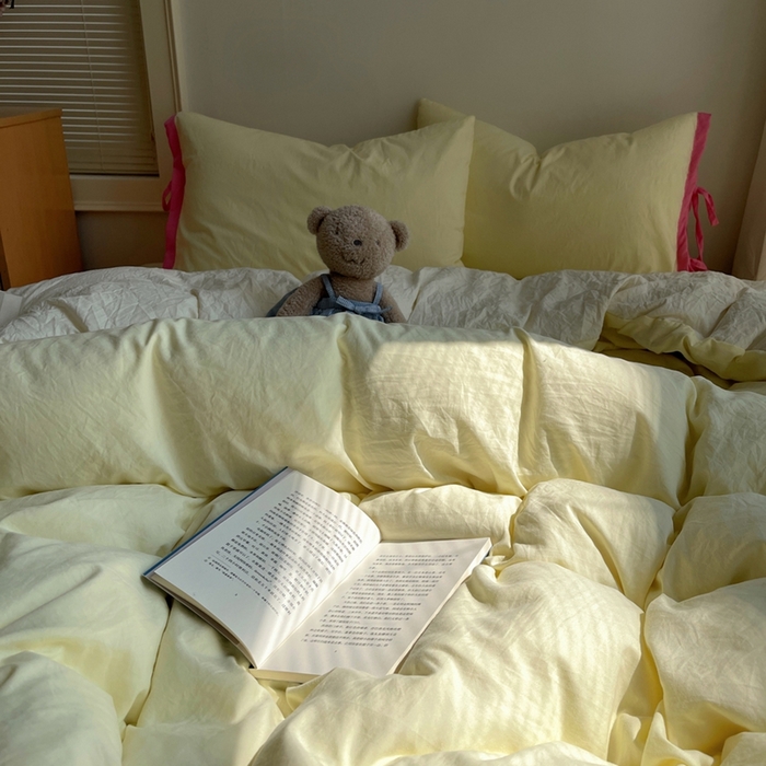 91家纺网 家纺一手货源 找家纺 轻奢坊 2025新款水洗棉纯色撞色包边绑带款四件套 奶油黄