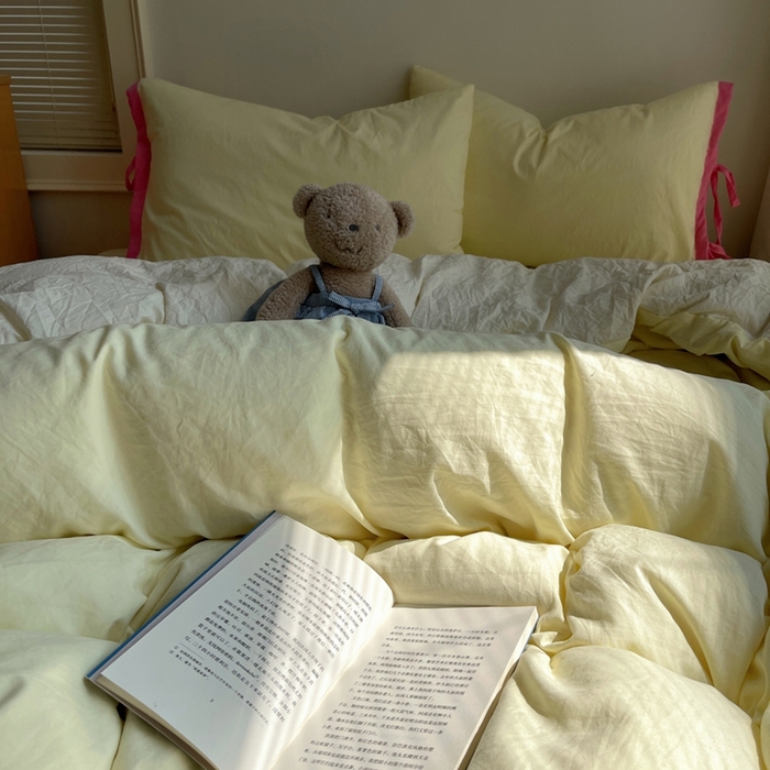 91家纺网 家纺一手货源 找家纺 轻奢坊 2025新款水洗棉纯色撞色包边绑带款四件套 奶油黄