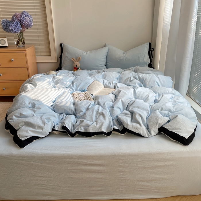 轻奢坊 2025新款水洗棉纯色撞色包边绑带款四件套 晴空蓝