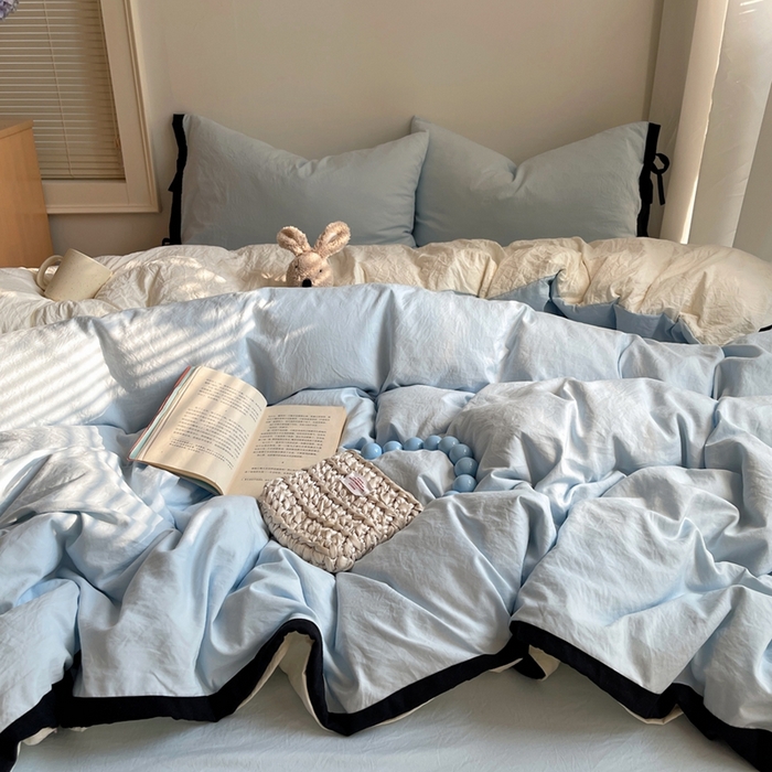 91家纺网 家纺一手货源 找家纺 轻奢坊 2025新款水洗棉纯色撞色包边绑带款四件套 晴空蓝