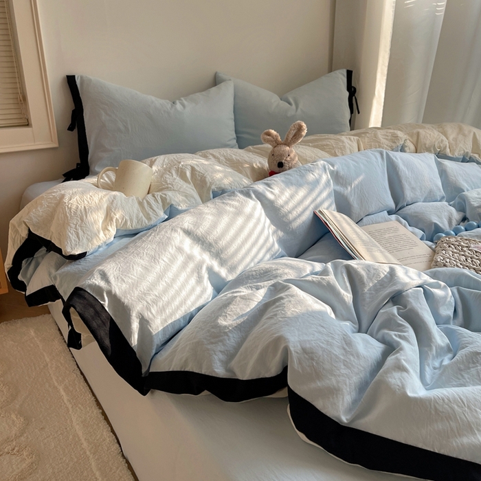 91家纺网 家纺一手货源 找家纺 轻奢坊 2025新款水洗棉纯色撞色包边绑带款四件套 晴空蓝