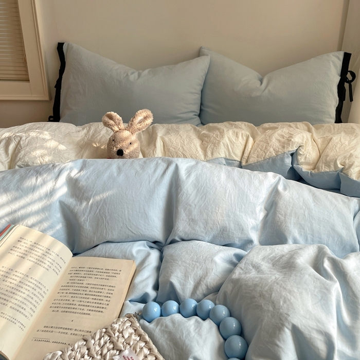 91家纺网 家纺一手货源 找家纺 轻奢坊 2025新款水洗棉纯色撞色包边绑带款四件套 晴空蓝