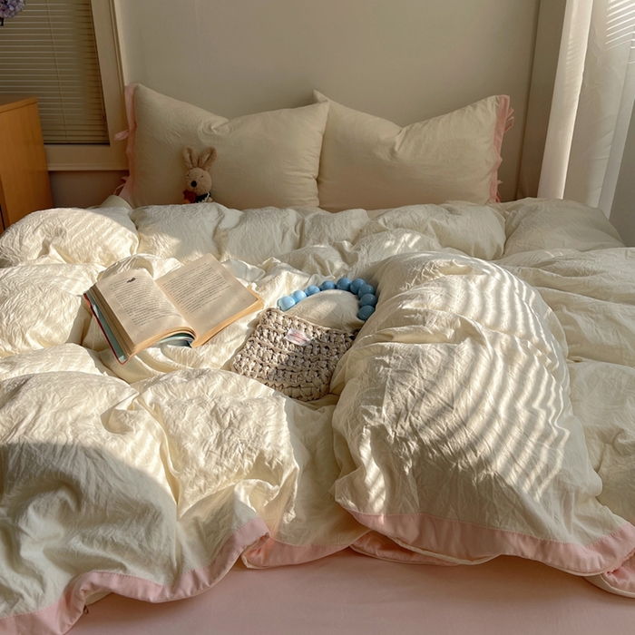 91家纺网 家纺一手货源 找家纺 轻奢坊 2025新款水洗棉纯色撞色包边绑带款四件套 芝士白