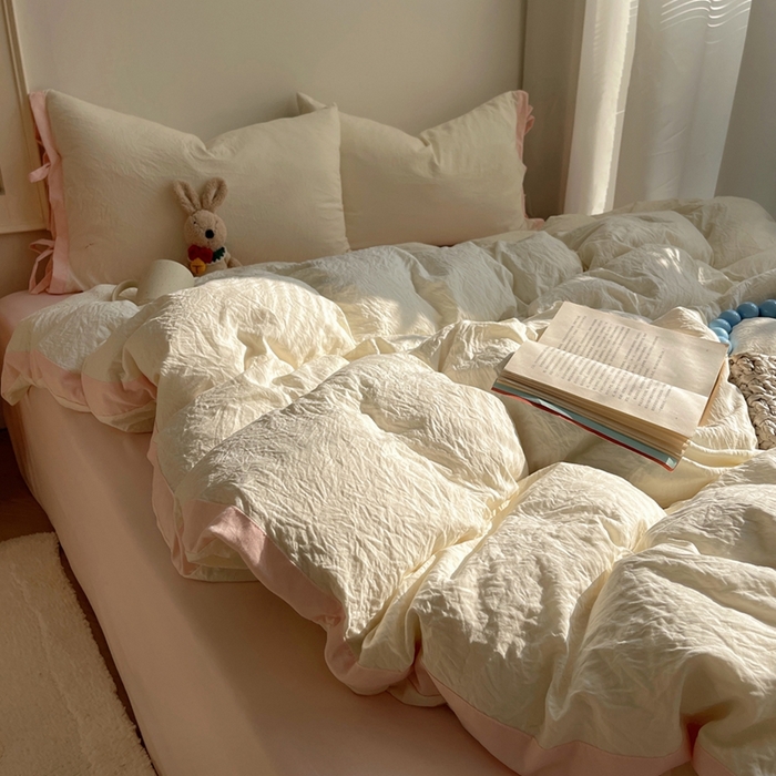 91家纺网 家纺一手货源 找家纺 轻奢坊 2025新款水洗棉纯色撞色包边绑带款四件套 芝士白