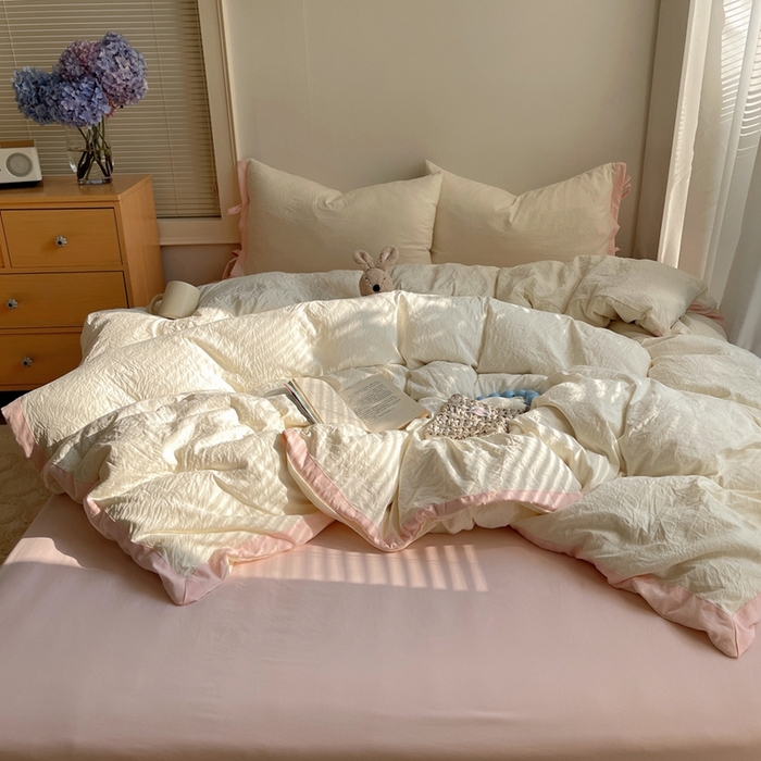 91家纺网 家纺一手货源 找家纺 轻奢坊 2025新款水洗棉纯色撞色包边绑带款四件套 芝士白