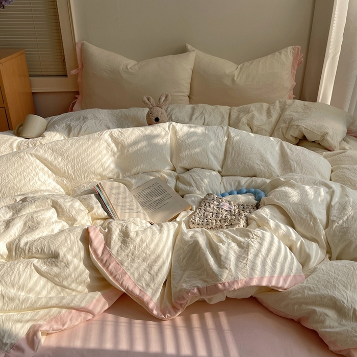 91家纺网 家纺一手货源 找家纺 轻奢坊 2025新款水洗棉纯色撞色包边绑带款四件套 芝士白