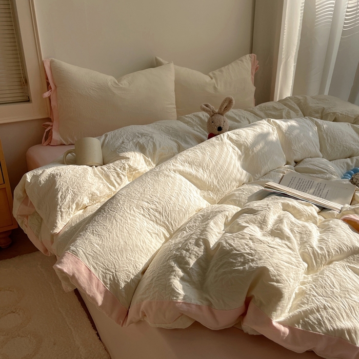 91家纺网 家纺一手货源 找家纺 轻奢坊 2025新款水洗棉纯色撞色包边绑带款四件套 芝士白