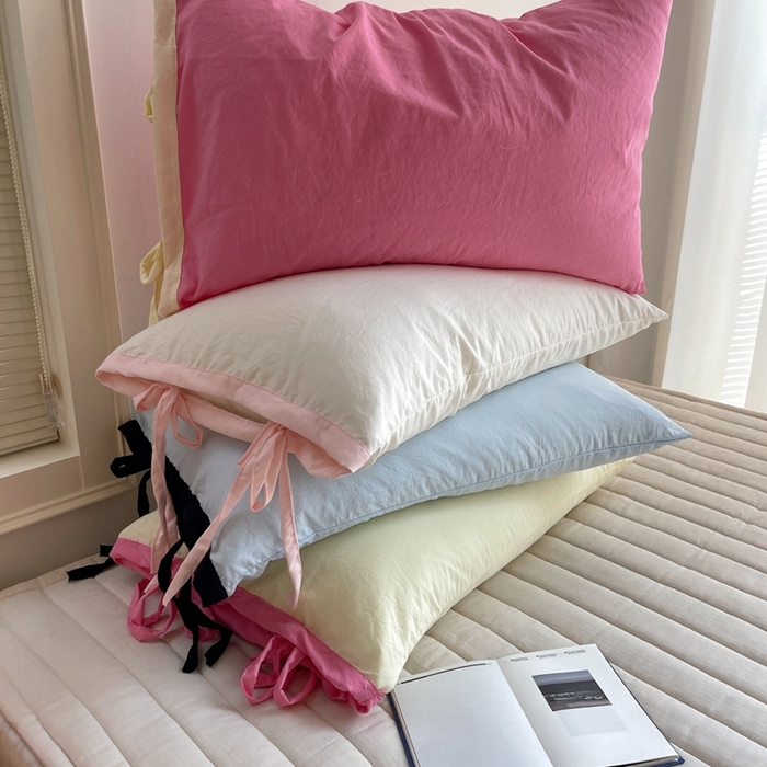 （总）轻奢坊 2025新款水洗棉纯色撞色包边绑带款单品枕套枕套单件