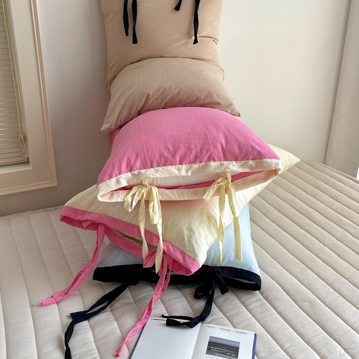 91家纺网 家纺一手货源 找家纺 （总）轻奢坊 2025新款水洗棉纯色撞色包边绑带款单品枕套枕套单件