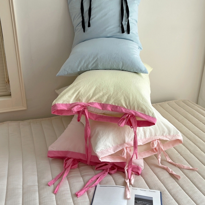 91家纺网 家纺一手货源 找家纺 （总）轻奢坊 2025新款水洗棉纯色撞色包边绑带款单品枕套枕套单件