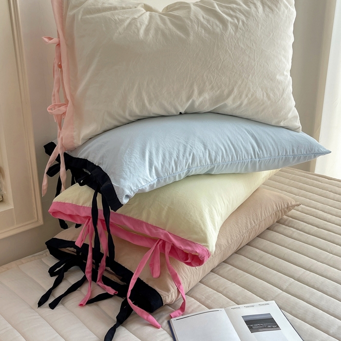 91家纺网 家纺一手货源 找家纺 （总）轻奢坊 2025新款水洗棉纯色撞色包边绑带款单品枕套枕套单件