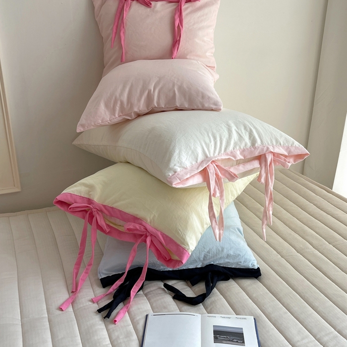 91家纺网 家纺一手货源 找家纺 （总）轻奢坊 2025新款水洗棉纯色撞色包边绑带款单品枕套枕套单件