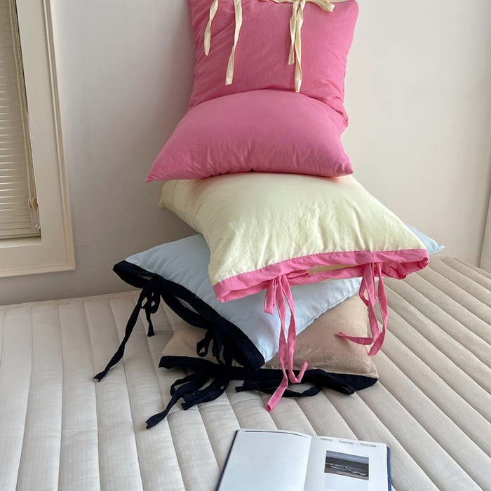 91家纺网 家纺一手货源 找家纺 （总）轻奢坊 2025新款水洗棉纯色撞色包边绑带款单品枕套枕套单件