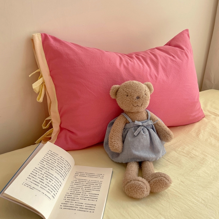 91家纺网 家纺一手货源 找家纺 轻奢坊 2025新款水洗棉纯色撞色包边绑带款单品枕套枕套单件 单枕套果莓红