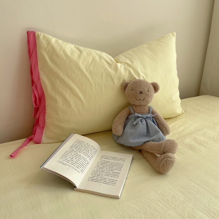 91家纺网 家纺一手货源 找家纺 轻奢坊 2025新款水洗棉纯色撞色包边绑带款单品枕套枕套单件 单枕套奶油黄