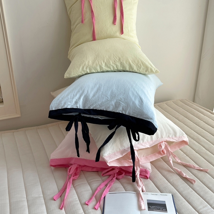 91家纺网 家纺一手货源 找家纺 轻奢坊 2025新款水洗棉纯色撞色包边绑带款单品枕套枕套单件 组合图仅供展示