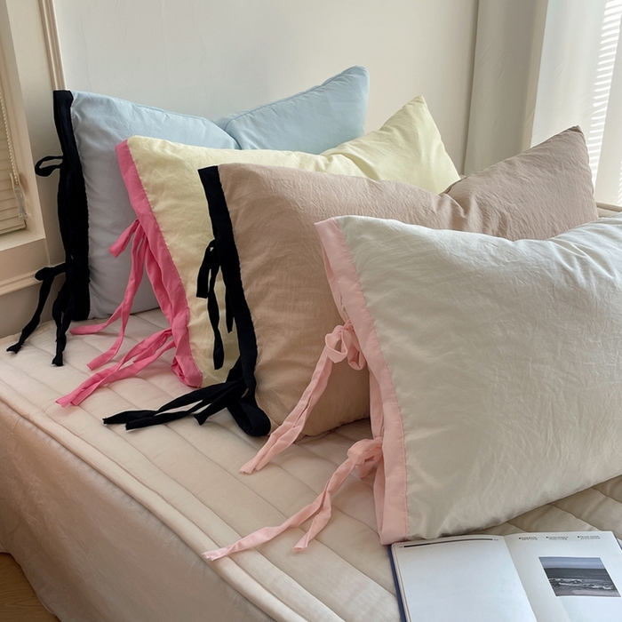 91家纺网 家纺一手货源 找家纺 轻奢坊 2025新款水洗棉纯色撞色包边绑带款单品枕套枕套单件 组合图仅供展示