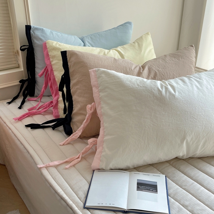 91家纺网 家纺一手货源 找家纺 轻奢坊 2025新款水洗棉纯色撞色包边绑带款单品枕套枕套单件 组合图仅供展示