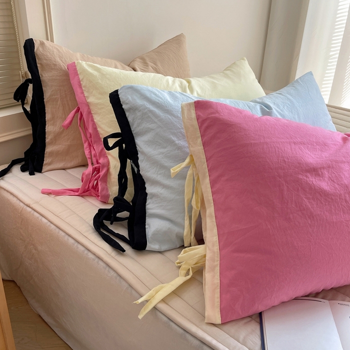 91家纺网 家纺一手货源 找家纺 轻奢坊 2025新款水洗棉纯色撞色包边绑带款单品枕套枕套单件 组合图仅供展示