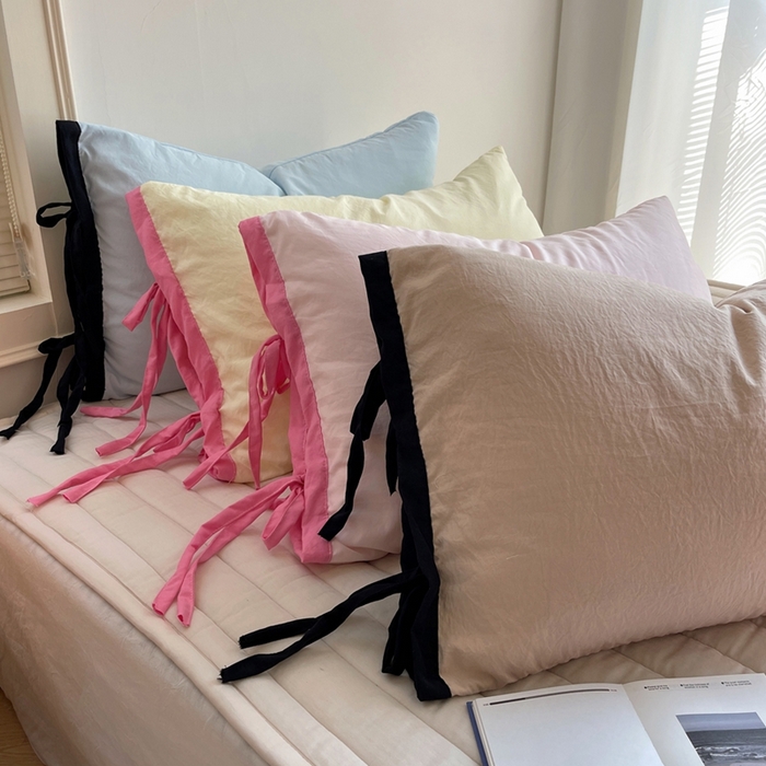 91家纺网 家纺一手货源 找家纺 轻奢坊 2025新款水洗棉纯色撞色包边绑带款单品枕套枕套单件 组合图仅供展示