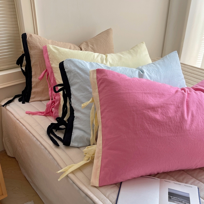 91家纺网 家纺一手货源 找家纺 轻奢坊 2025新款水洗棉纯色撞色包边绑带款单品枕套枕套单件 组合图仅供展示